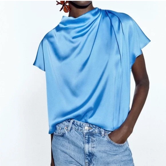 Zara Sleek Ice Blue Satin Blouse - Picture 2 of 8